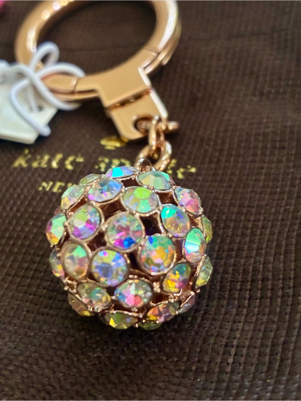 Kate Spade Rose Gold Glittery Disco Ball Rhinestone Keychain Bag Charm NWT